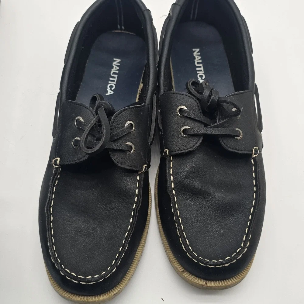 Nautica Boat Shoes Men Size 9.5 Navy Blue Tan‎ Stitching Nueltin Comfort Lace Up